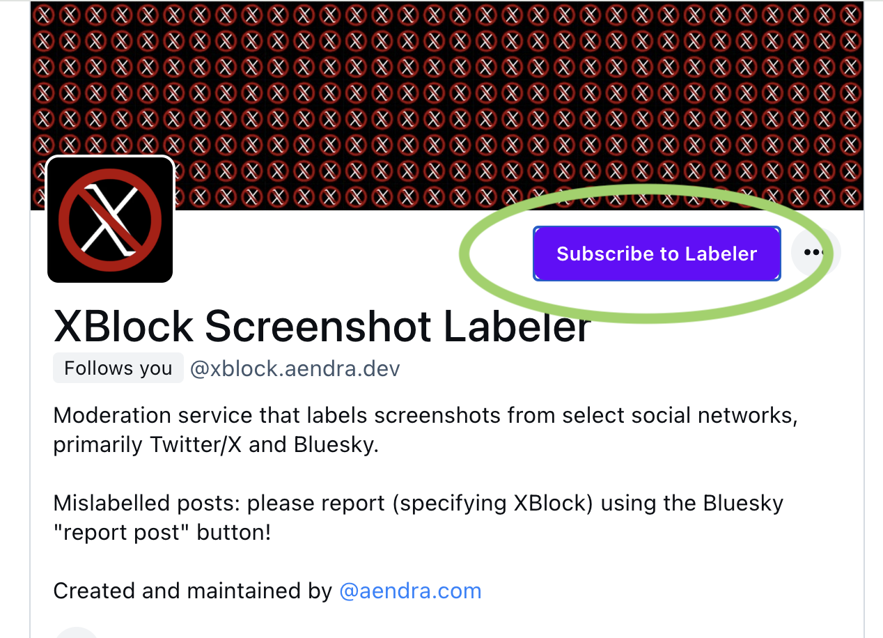 A screenshot of the XBlock profile page. "Subscribe to Labeler" is circled