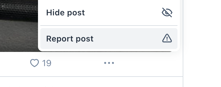 A screenshot of the post options flyout menu "Report post" is selected